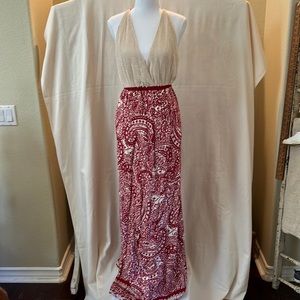 AaKaa Halter Top Cream/Red Flower Print Maxi Dress. Size L.